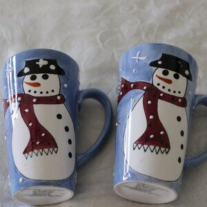 Living Quarters Blue Snowman/Tree Mugs Set of Two Dishwasher/Microwave Safe
